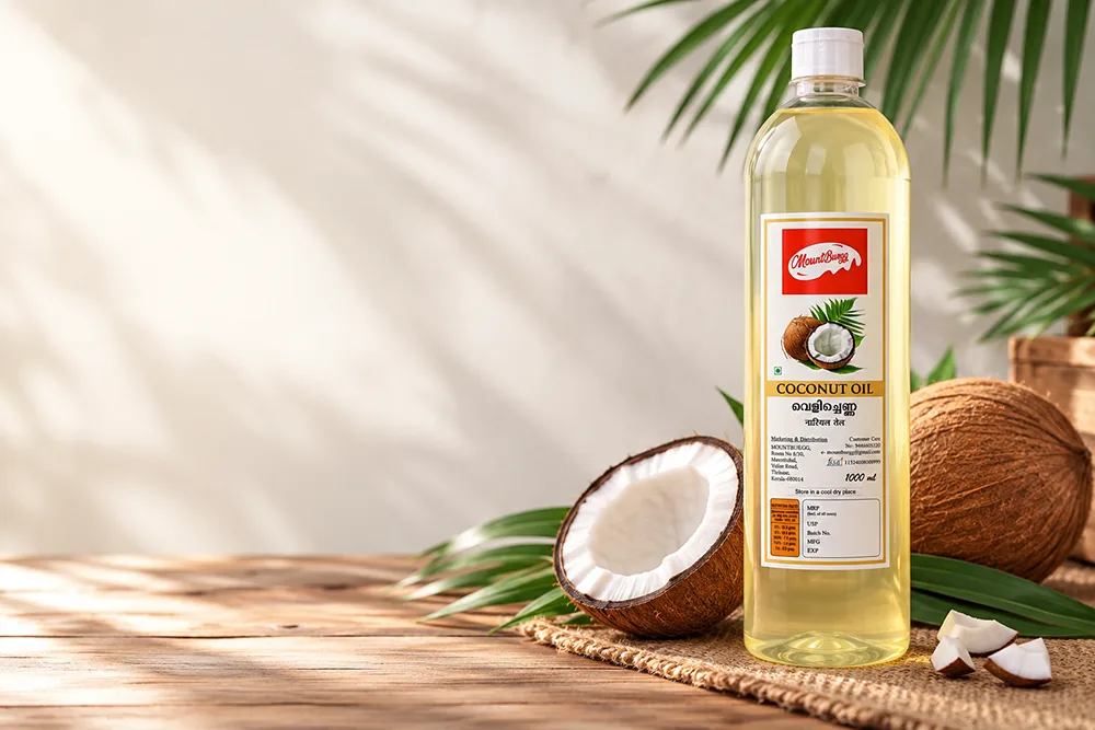 MountBurgg 100% Pure Coconut Oil 1000ml with fresh coconut and palm leaves
