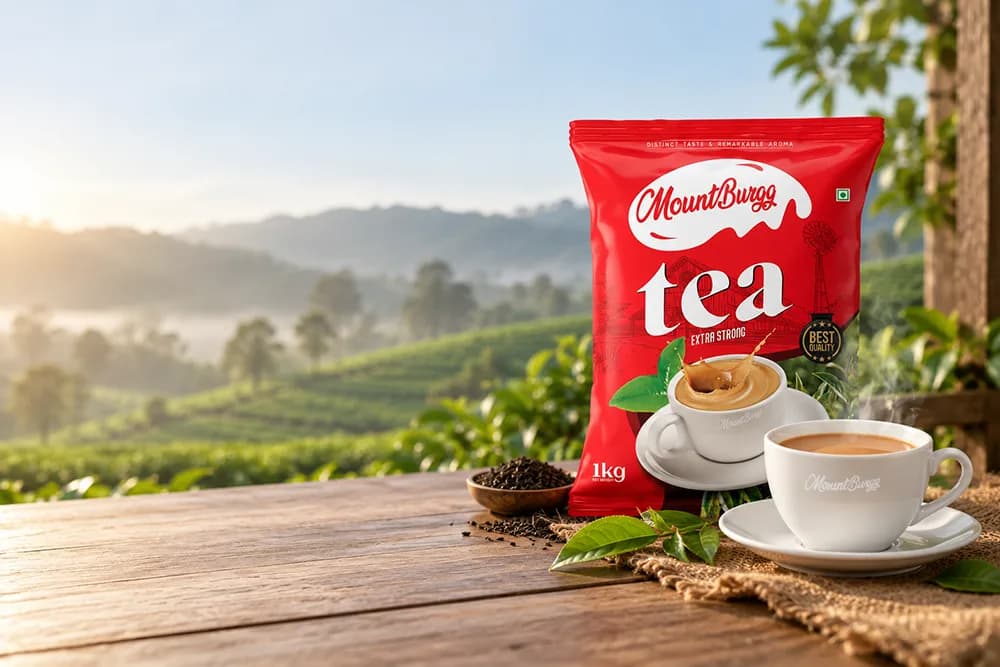 MountBurgg Extra Strong Tea 1kg with morning teacup and plantation backdrop